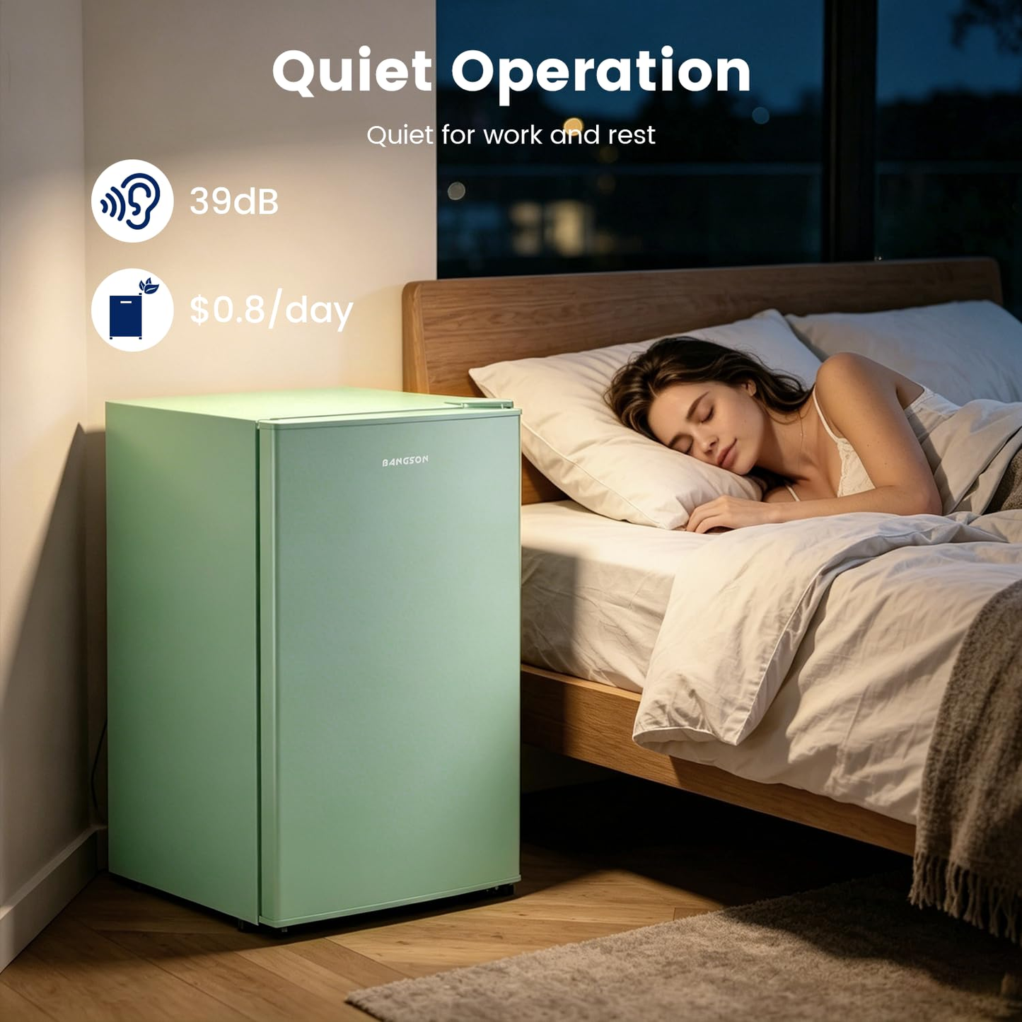 BANGSON 2.6 Cu Ft Small Fridge with Freezer for Office, Mini Refrigerator for Dorm Bedroom, Compact Fridge Energy-efficient, Low Noise, Green