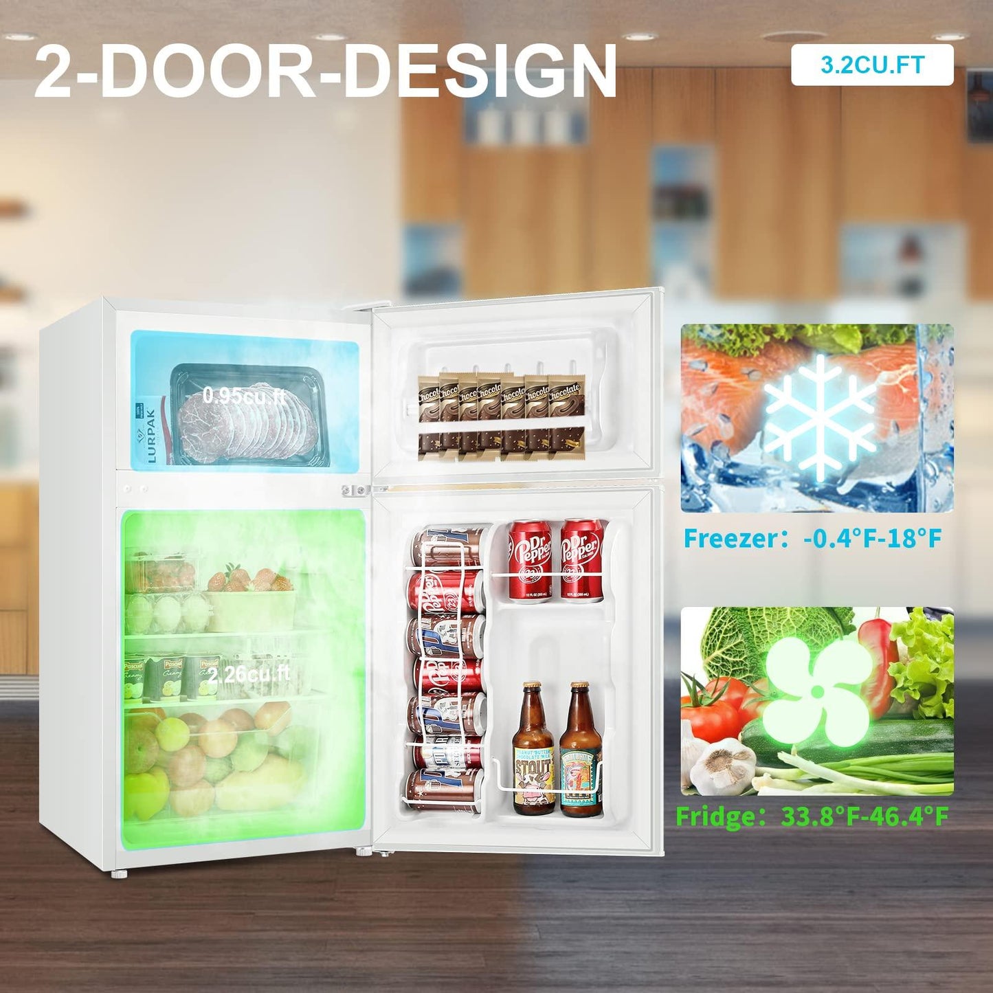 3.2 CU.FT 2 Door Small Refrigerator with Freezer,White