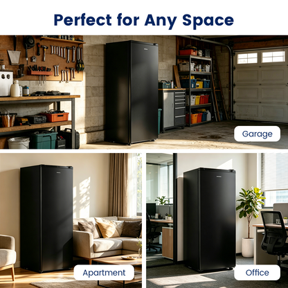 BANGSON 6.5 Cu.ft Upright Freezer, Stand up Freezer with Adjustable Thermostat, Removable Shelves, Reversible Single Door, for Bedroom/Home/Dorms/Apartment, Black