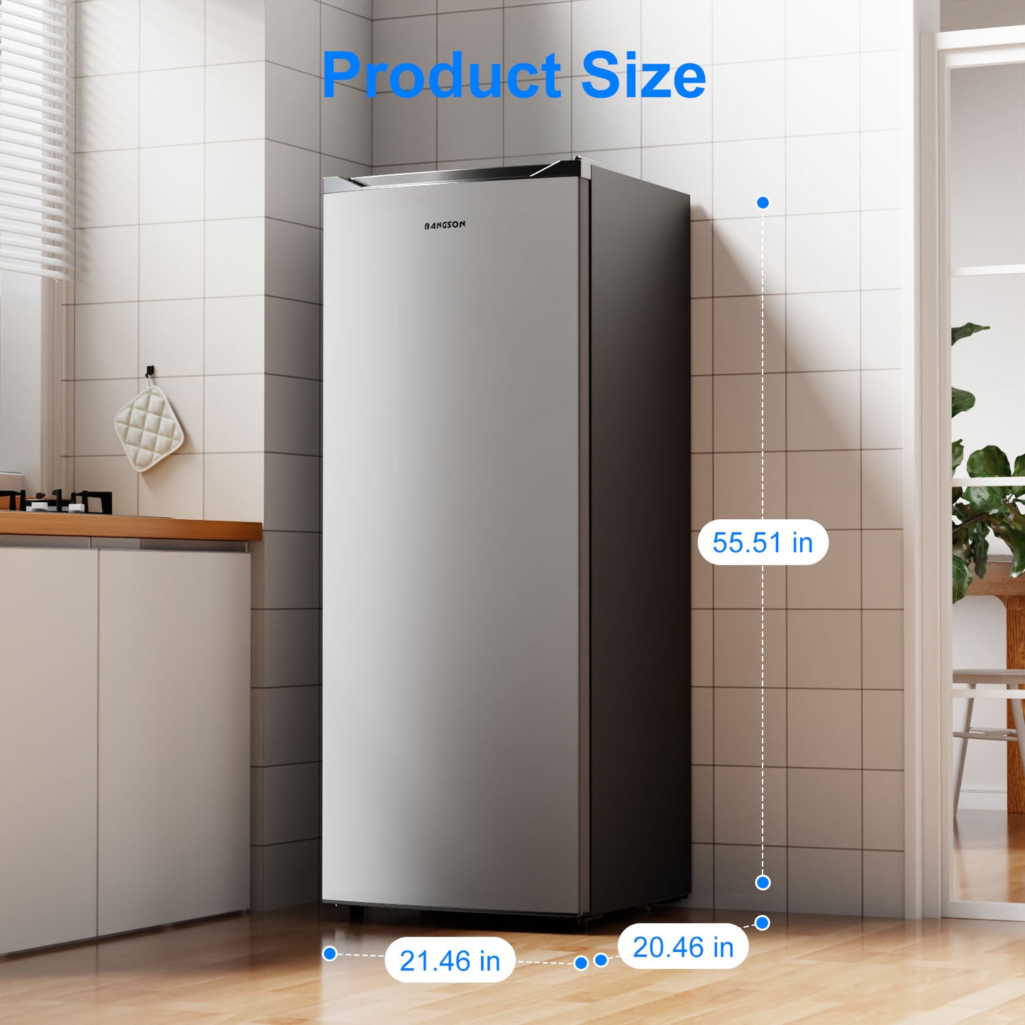 BANGSON 6.5 Cu.ft Upright Freezer, Stand up Freezer with Adjustable Thermostat, Removable Shelves, Reversible Single Door, for Bedroom/Home/Dorms/Apartment, Sliver