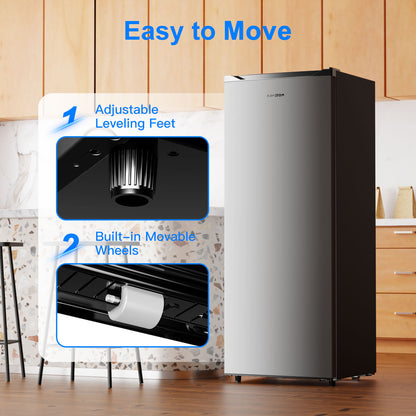 BANGSON 6.5 Cu.ft Upright Freezer, Stand up Freezer with Adjustable Thermostat, Removable Shelves, Reversible Single Door, for Bedroom/Home/Dorms/Apartment, Sliver