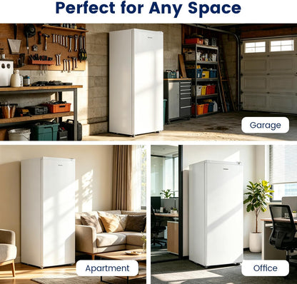 BANGSON 6.5 Cu.ft Upright Freezer, Stand up Freezer with Adjustable Thermostat, Removable Shelves, Reversible Single Door, for Bedroom/Home/Dorms/Apartment, White