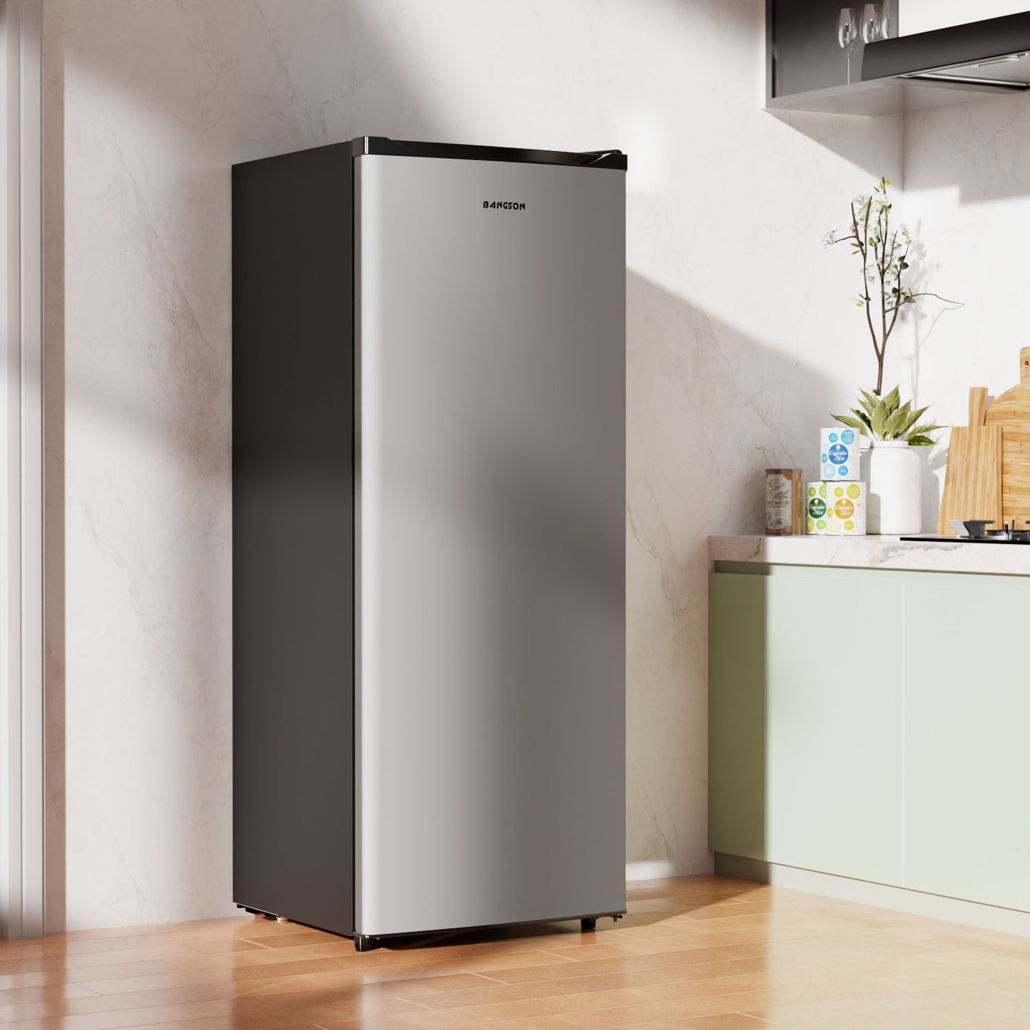 BANGSON 6.5 Cu.ft Upright Freezer, Stand up Freezer with Adjustable Thermostat, Removable Shelves, Reversible Single Door, for Bedroom/Home/Dorms/Apartment, Sliver