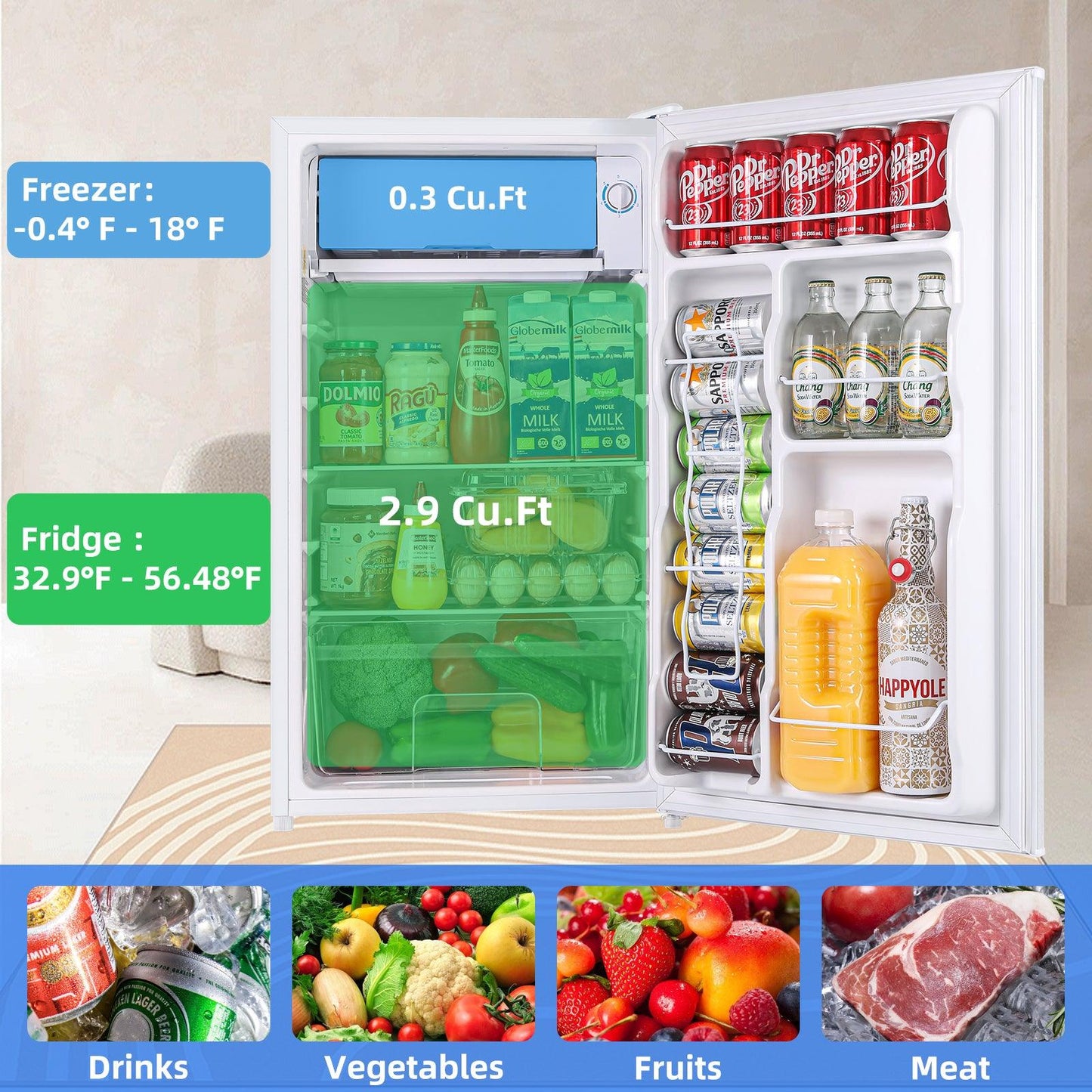3.2 Cu.Ft Mini Fridge with Freezer White